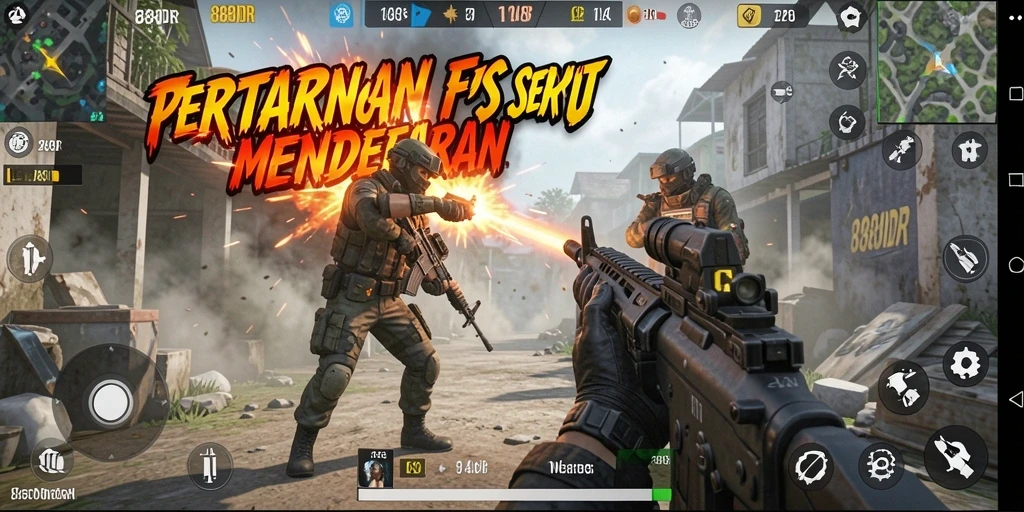 Tangkapan layar utama menunjukkan aksi mendebarkan dalam gameplay FPS.