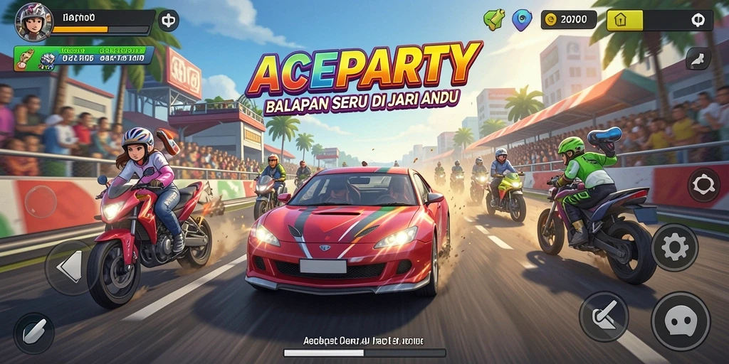 Screenshot gameplay ACEPARTY menampilkan aksi balapan yang mendebarkan.
