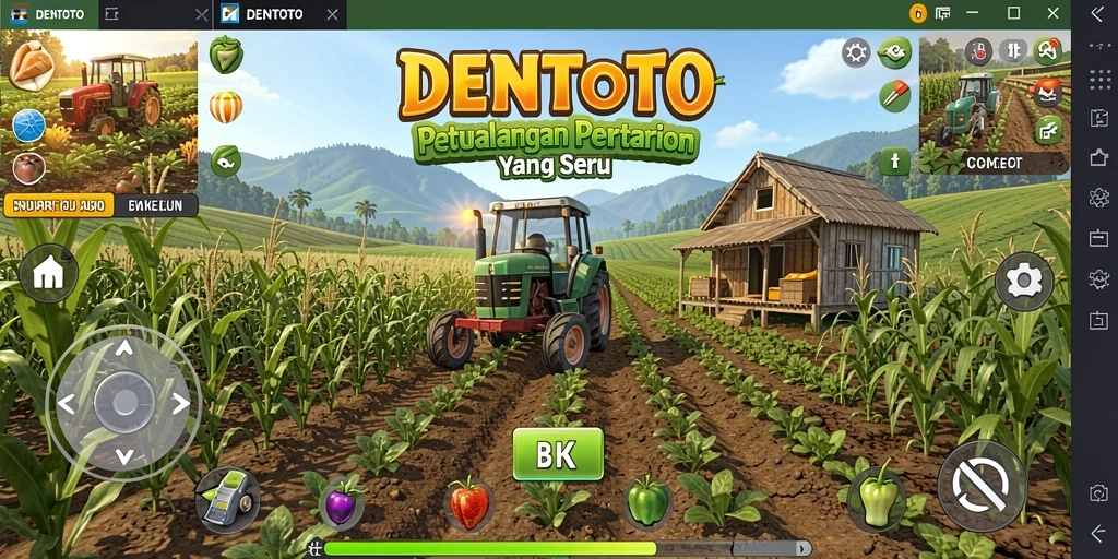 Screenshot utama DENTOTO menunjukkan aktivitas gameplay bertani yang seru.