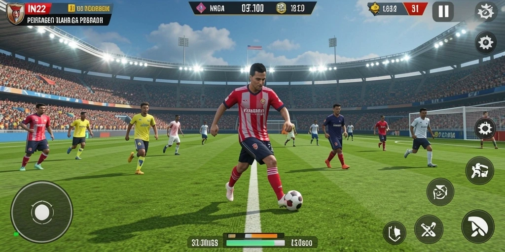 Screenshot menunjukkan permainan sepak bola yang intens dan menegangkan.