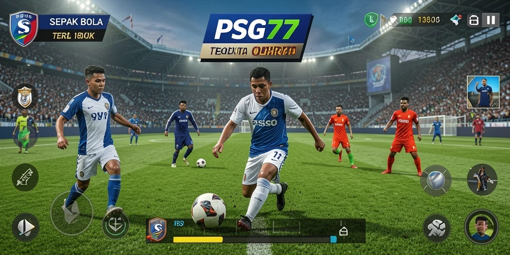 Screenshot PSG77 menampilkan aksi seru di lapangan sepak bola.