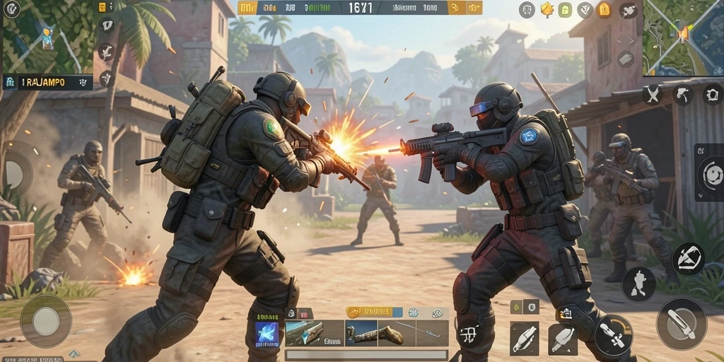 Gameplay RAJAMPO memperlihatkan aksi pertarungan yang mendebarkan dalam arena Battle Royale.